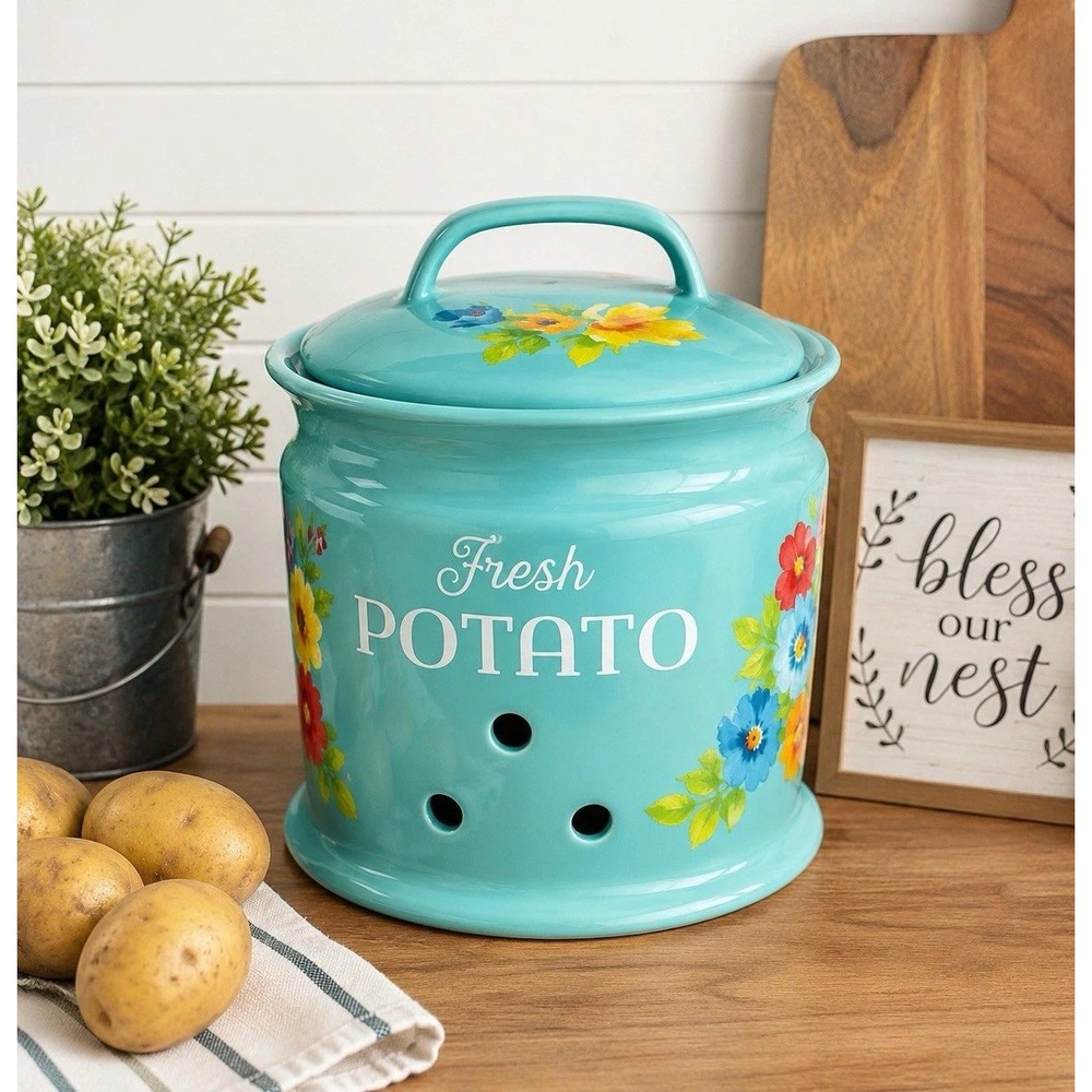 Pioneer Woman Potato Keeper Breezy Blossoms Turquoise Floral Stoneware Canister